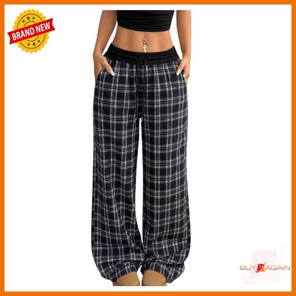 Women's Plaid Flannel Pajama Pants Wide Leg Lounge Sweatpants with Pockets